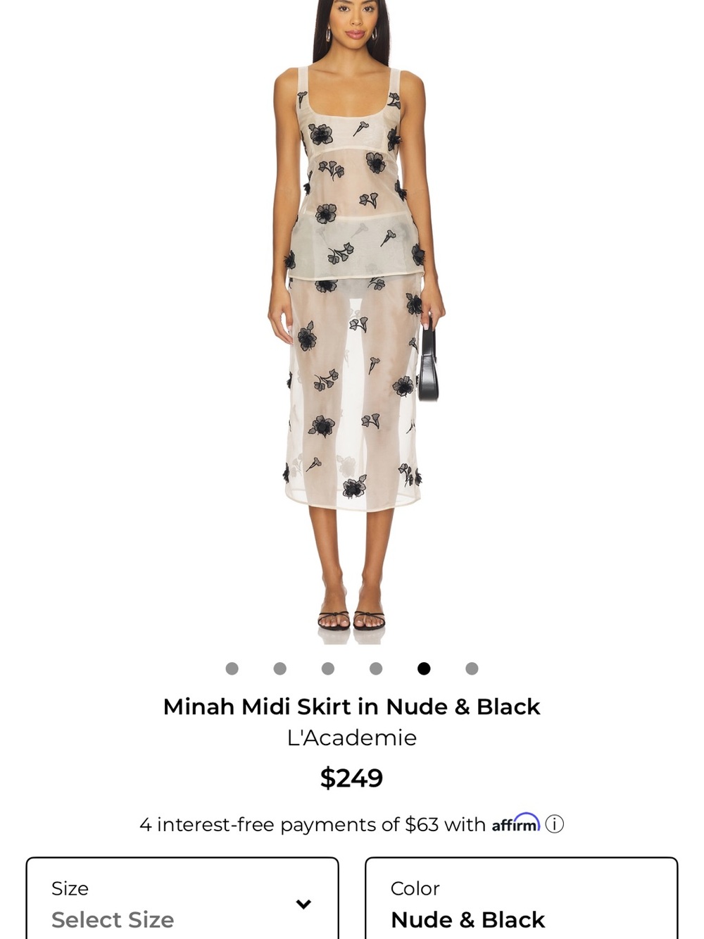 L'Academie Nude Sheer Midi Skirt with Black Floral Embroidery